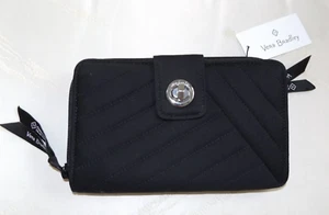 Vera Bradley RFID Turnlock Zip Wallet Classic Black Diagonal Microfiber NWT - Picture 1 of 4