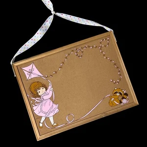 Vintage Cork Board 1970s Girl Raccoon Kite Kitschy Pink Polka Dot Retro Wall Art - Picture 1 of 14