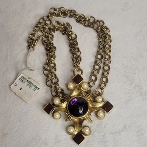 VINTAGE 38in BEN AMUN PURPLE REDS PEARLS MALTESE CROSS PENDANT NEW OLD STOCK - Picture 1 of 15