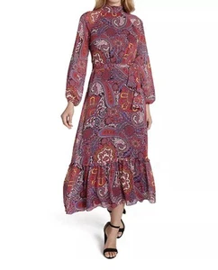 Tahari Paisley Print Chiffon Boho Midi Dress Size 10 Keyhole Neck Metallic Lined - Picture 1 of 11