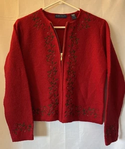 Karen Scott Vtg 100% Wool Xmas Holly Embroidered Zip Up Cardigan Sweater Size PS - Picture 1 of 7