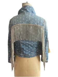 $495 Custom Gap kids Denim Crystal Fringe Jacket Sz M - Picture 1 of 7