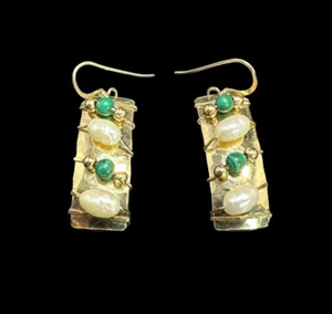 VINTAGE HANDWERKLICH SIGNIERT JP RECHTECK GEHÄMMERT MULTI EDELSTEIN OHRHÄNGER - Bild 1 von 7