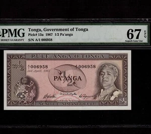 Tonga 1/2 Pa'anga 1967 P-13a * PMG superba gemma Unc 67 EPQ * Queen Salote * - Foto 1 di 2