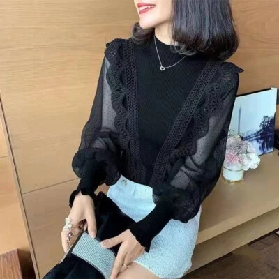 Women Mock Neck Knit Sweater Jumper Blouse Puff Sleeve Ruffle Lace Spliced Top - Image 1 of 4