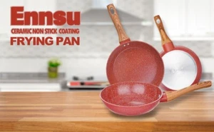 Kitchen 3 Piece Red Ceramic Grante 8" 10" 12 inch Nonstick Frying Pan Set - Picture 1 of 2