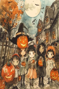 TARJETA DE FELICITACIÓN HALLOWEEN 5.5X4.25 NIÑAS TRICK-OR-TREAT JACK-O-LANTERN MURCIÉLAGOS MIEDO - Imagen 1 de 1