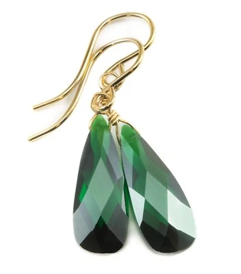 14k Gold Cubic Zirconia Earrings Simulated Emerald Green CZ Drops Sterling drops - Image 1 of 4