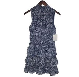 1. Vestido State Mujer Azul Marino y Gris con Estampado de Animales con Volantes ahumados Talla M Nuevo con Etiquetas - Imagen 1 de 9