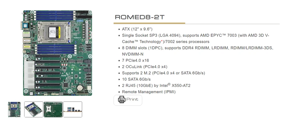 ASRock ROMED8-2T Motherboard AMD EPYC 7001-7003 Socket SP3 PCIe ATX - Image 1 of 4