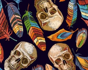 Cotton Fabric with Digitally Printed Skulls & Feathers Theme 59" Wide - Picture 1 of 2