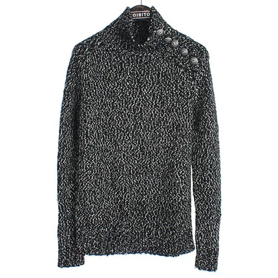 Balmain black white wool blend metal button turtleneck knit - Image 1 of 4