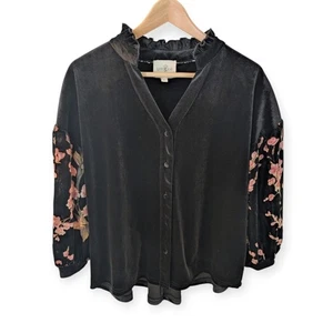 Top Umgee Terciopelo Burnout Floral Manga Globo Negro Pequeño - Imagen 1 de 10