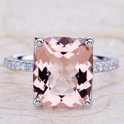 Anillo de piedras preciosas de diamantes morganita natural de corte cojín de 5,20 quilates enchapado en platino 950PT Foto 1 de 4