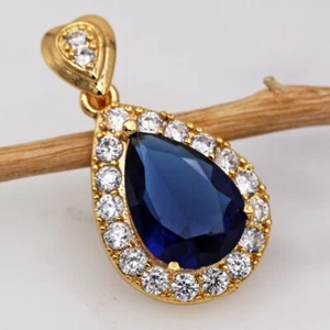 Pretty New Yellow Gold Filled Dark Navy Blue CZ Teardrop w/Halo Pendant Necklace - Picture 1 of 9