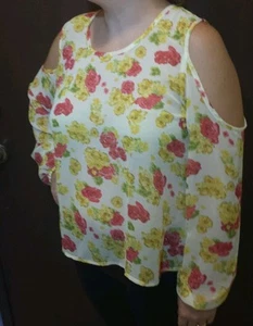 Sexy Ivory Floral Print Cold Shoulder Long Sleeve Sheer Fashion Blouse L QCO - Picture 1 of 4