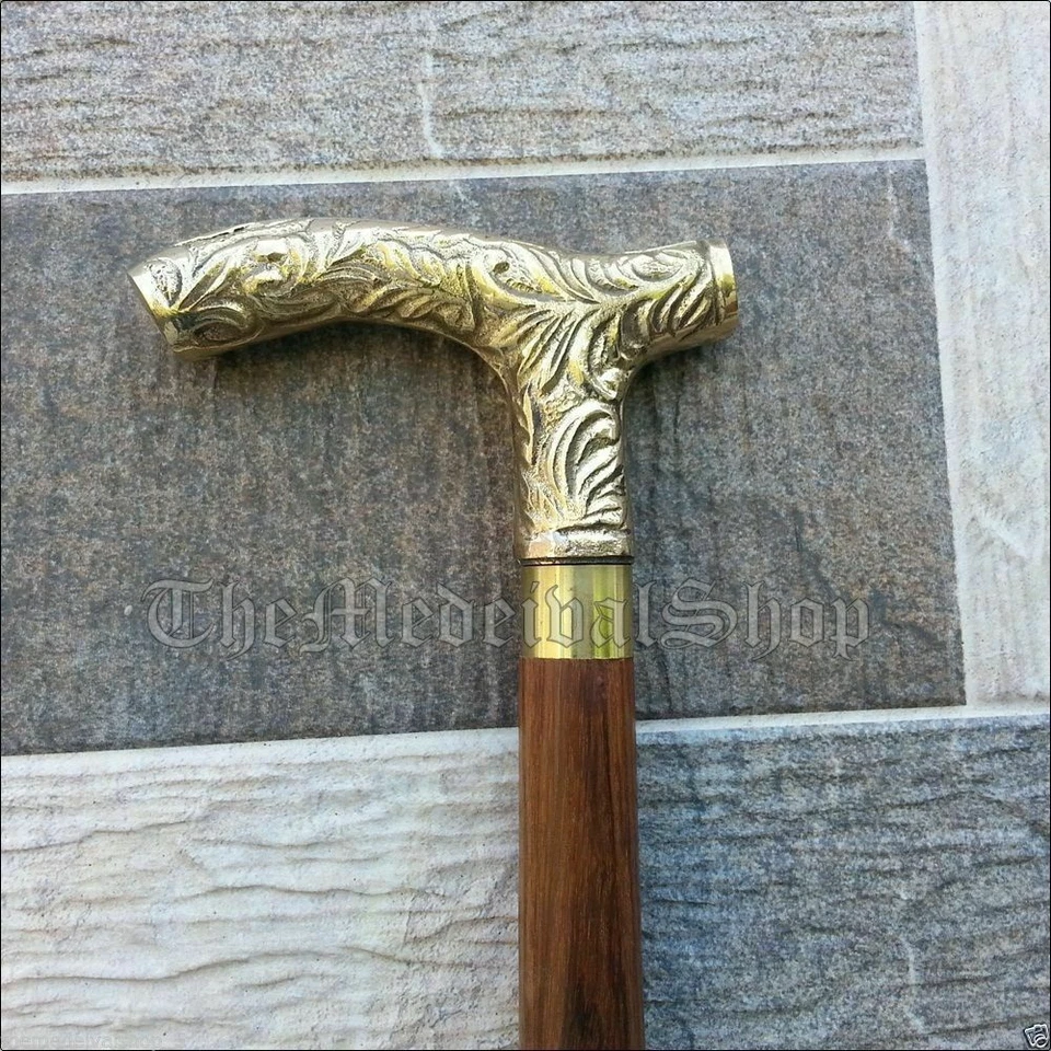 Créateur Antique Homme Marron Marche Bâton Vintage Canne en Bois Laiton Manche - Photo 1/4