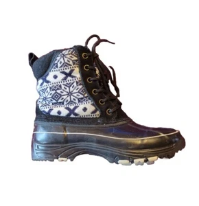 Khombu Newbury Leather Rubber Black White Snowflake Winter Women’s Boots~Size 6M - Picture 1 of 8