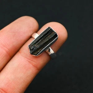 Black Tourmaline Rough Gemstone Handmade 925 Sterling Silver Jewelry Ring Gift - Picture 1 of 4