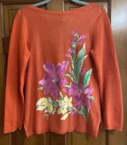 Ralph Lauren Sweater Floral Print Linen Cotton Orange Women's Size Large - Picture 1 of 10