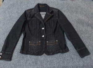 Kikit Denim Jacket Blazer Womens Large Black Western 2 Button Jean Dark Wash - Picture 1 of 13