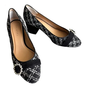 Talbots Shoes 7.5 M Black White Plaid Tweed Pumps Heels Pearls Velvet Metallic - Picture 1 of 11