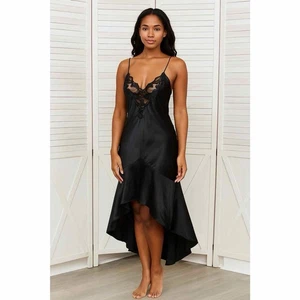 Natori Nachthemd klein schwarz Satin Spitzeneinsatz hoch niedrig Meerjungfrau Schwanz Schlupfkleid - Bild 1 von 15