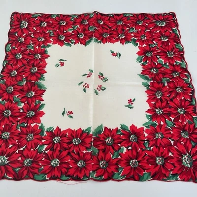 PAÑUELO HANKIE VINTAGE BORDE DE NAVIDAD FLORES DE PASCUA 13" Foto 1 de 4