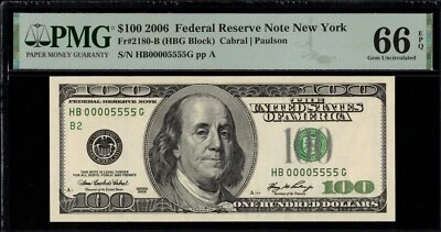 2006 $100 FRN HB00005555G P.M.G #66EPQ - Image 1 of 3