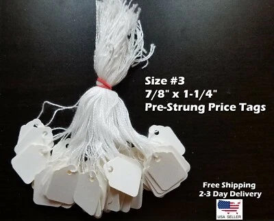 Size #3 Small Blank White Merchandise Price Tags w/ String Retail Jewelry Strung - Image 1 of 4