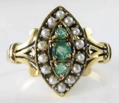 ROBUST 9CT 9K GOLD ART DECO INS COLOMBIAN EMERALD & PEARL MARQUISE RING - Image 1 of 4