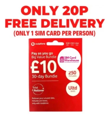 VODAFONE PAY AS YOU GO SIM CARD OFFICIAL SEALED 5G NANO MICRO SIM 3 in 1 DATA