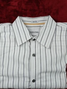 Calvin Klein Men Shirt White Black Striped Cotton Med. 16" Neck 100% Cotton - Picture 1 of 7