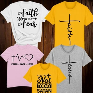 Christian T Shirts Faith Over Fear Jesus Not today Satan Hope Love Cross tees