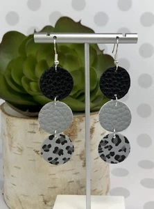Faux Vegan Leather Black Gray Leopard Silver Circle Round Dangle Earrings Grey - Picture 1 of 2