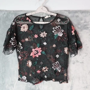 Camicetta boho Chroma Tales maglia ricamata floreale donna media nera trasparente - Foto 1 di 13