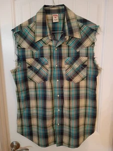 True Religion Western Pearl Snap Hemd blau kariert Cowboy Herren XXL ärmellos  - Bild 1 von 5