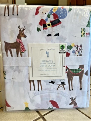 POTTERY BARN KIDS ORGANIC COTTON FLANNEL HTF JOLLY SANTA DUVET COVER TWIN NEW - Image 1 of 4