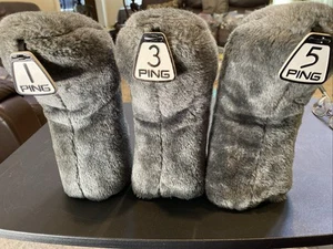 Vintage Ping Golf Club Driver Wood Fur Fuzzy Head Covers 1, 3, 5 Gray RARE - Picture 1 of 2