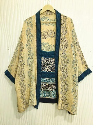 Chaqueta corta de seda kimono plumero cárdigan capa bata suelta beige y azul KMS3700 Foto 1 de 4