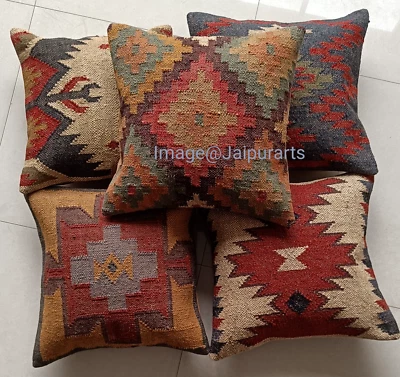 4 pcs Lot 18x18" Square Jute Cushion Cover Handmade Throw Home Decor Pillow Case - Image 1 of 4
