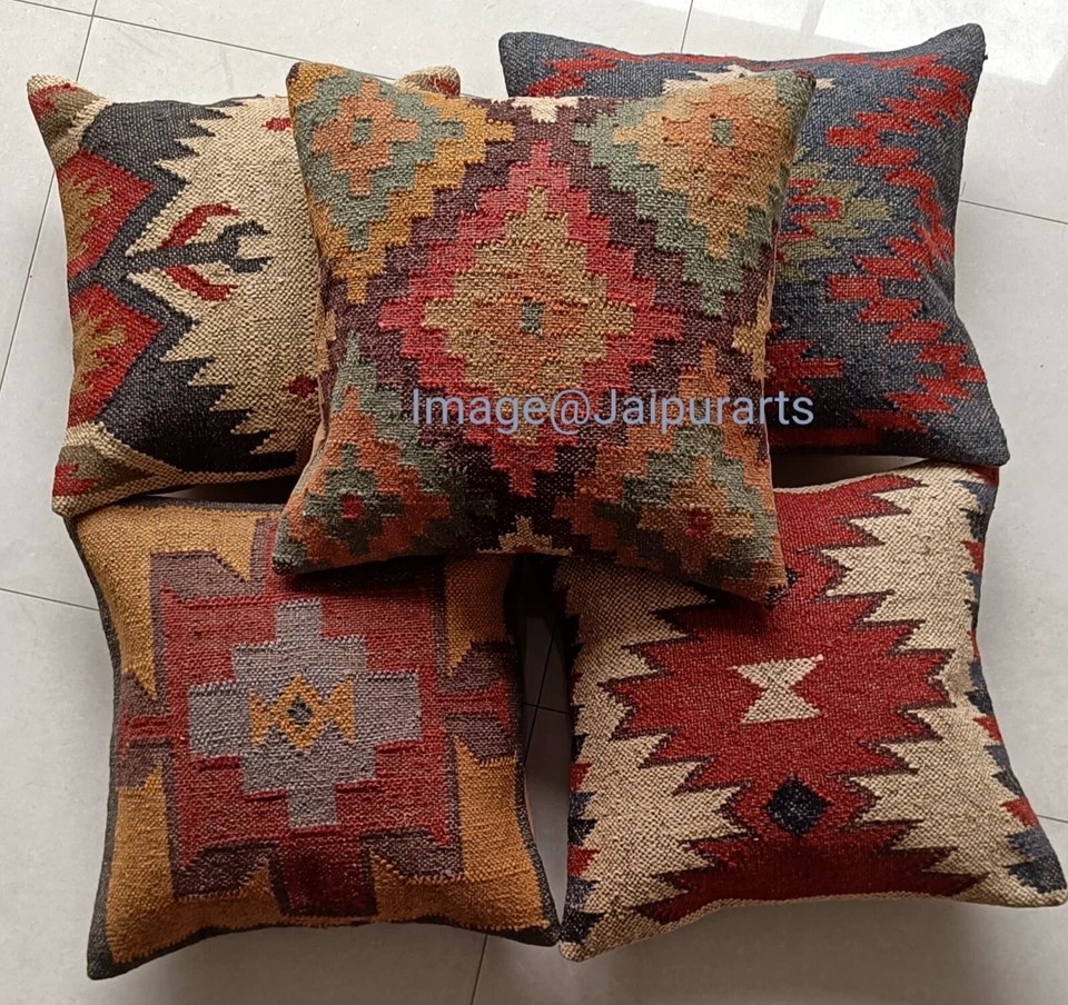 4 pcs Lot 18x18" Square Jute Cushion Cover Handmade Throw Home Decor Pillow Case - Image 1 of 4