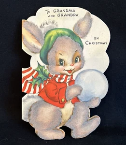 Vintage Hallmark Christmas Card Juvenile Flocked Die Cut Grandma Grandpa Signed - Picture 1 of 7