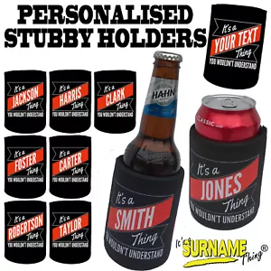 SURNAME STUBBY HOLDER Christmas bottle Gifts Can Name cooler Stubbie Gift - Picture 1 of 86