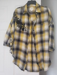 MAEVE Anthropologie size XS/S Floral Embroidered Yellow Plaid Button Down Shirt  - Picture 1 of 7