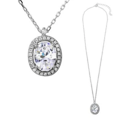 Collana In Argento Sterling Con Pendente Ovale In Pietre CZ A Halo - Immagine 1 di 4