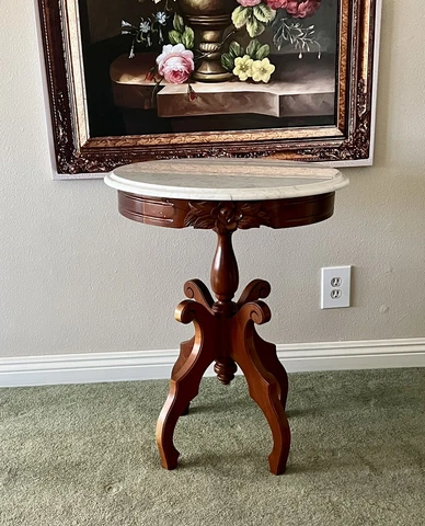 Victorian Side Table, carved Roses, marble top Cover