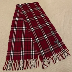 Bufanda Burberry Vintage Rojo Oscuro Borla a Cuadros Nova Años 90 100% Lana Cordero 145/28 cm - Imagen 1 de 14