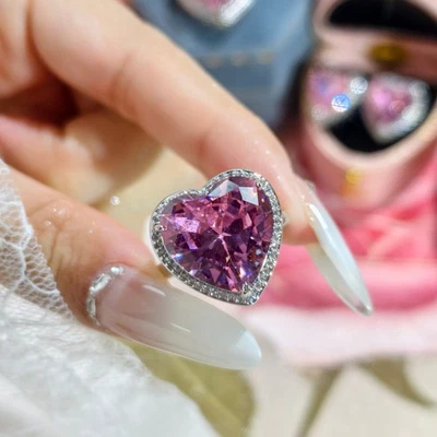 New 18mm Big Love Heart Pink Topaz Gemstone Silver Women Girls Necklace Pendant - Image 1 of 4