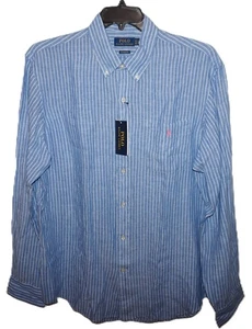 Polo Ralph Lauren Mens Long Sleeve Linen Shirt XL Classic Fit Blue Striped $138 - Picture 1 of 7